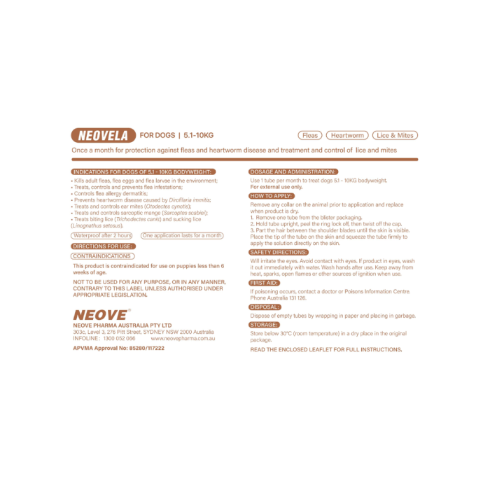 NEOVELA Flea And Worming For Dogs 5.1-10kg 4x0.5mL Tubes Brown