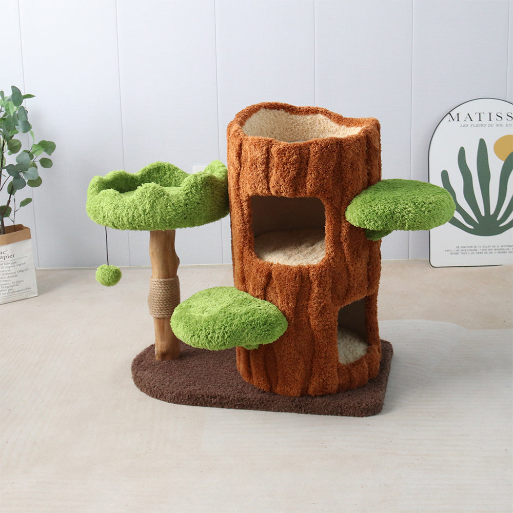 CMISSTREE Two-Level Tree Hollow Solid Wood Cat Tree