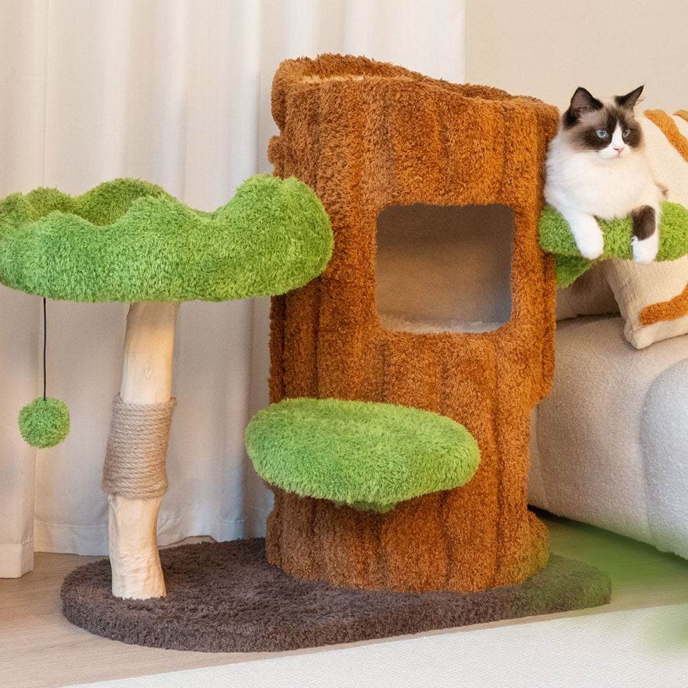 CMISSTREE Two-Level Tree Hollow Solid Wood Cat Tree