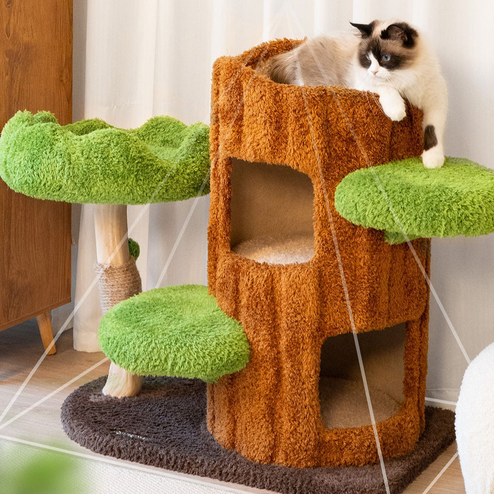 CMISSTREE Two-Level Tree Hollow Solid Wood Cat Tree