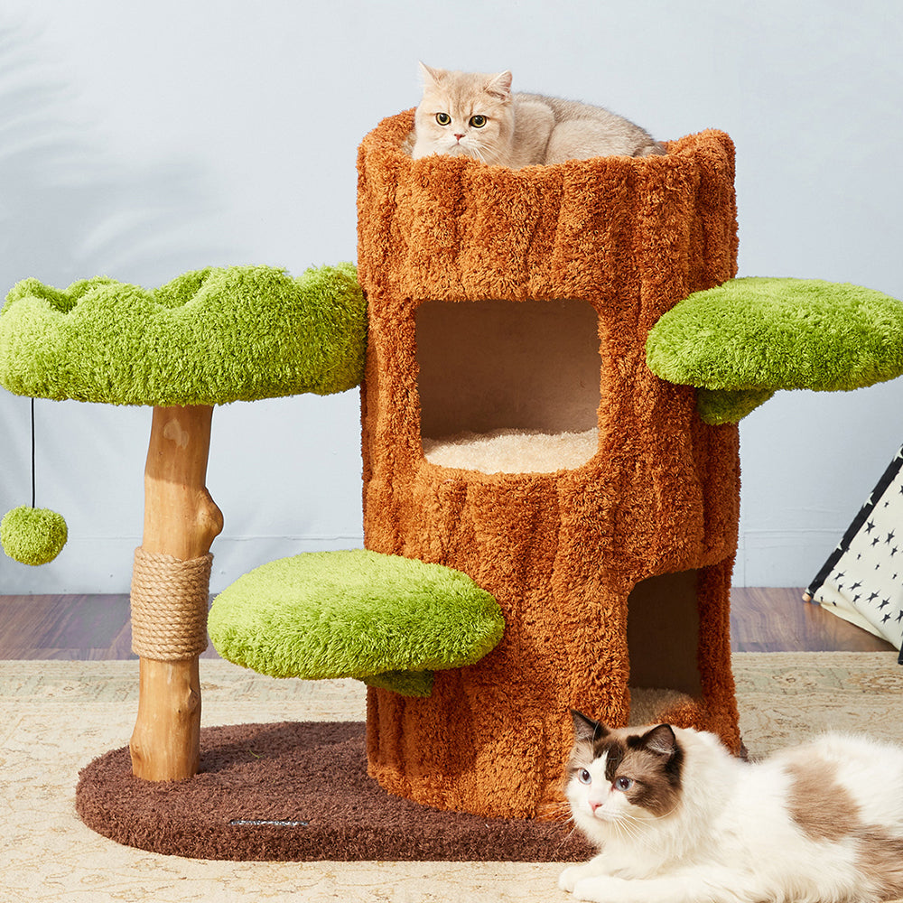 CMISSTREE Two-Level Tree Hollow Solid Wood Cat Tree