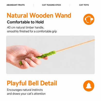 Interactive Wooden Cat Wand – Bell Teaser Toy for Indoor Cats