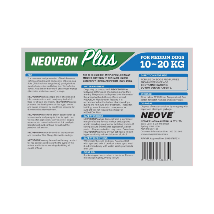 NEOVEON PLUS Fleas And Ticks For Medium Dogs 10-20kg 4x1.34mL Tubes Blue
