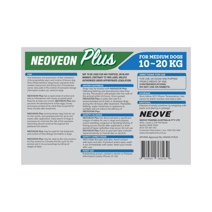 NEOVEON PLUS Fleas And Ticks For Medium Dogs 10-20kg 4x1.34mL Tubes Blue