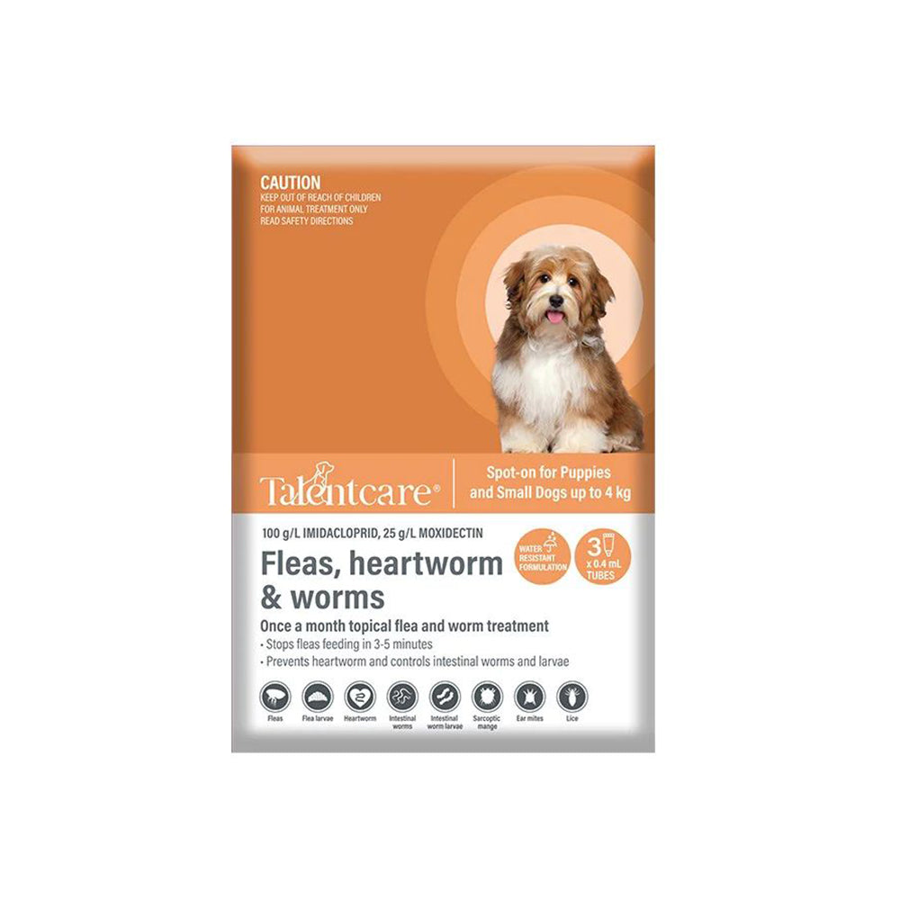TALENTCARE Dog Flea, Heartworm and Worm Spot-on for Puppies and Small Dogs (up to 4kg) 3tubesx0.4ml