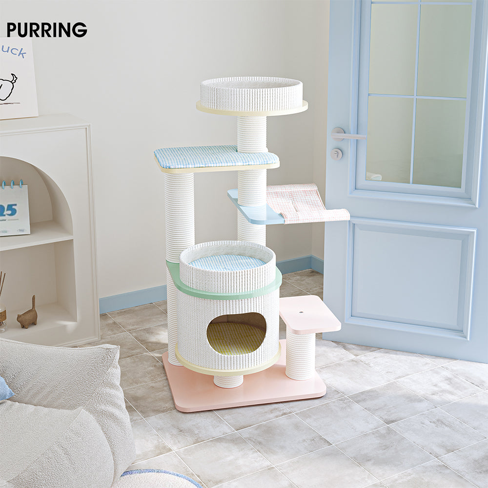 HONEYPOTCAT PURRING Multi-Tier Plush & Sisal Deluxe Cat Tree - 153cm - Macaron Edition mac182531mun