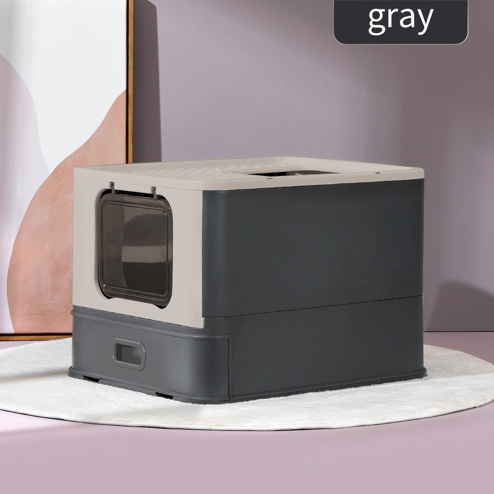 PAKEWAY Foldable Enclosed Cat Litter Box with Stainless Steel Tray 54.2x42.2x38cm