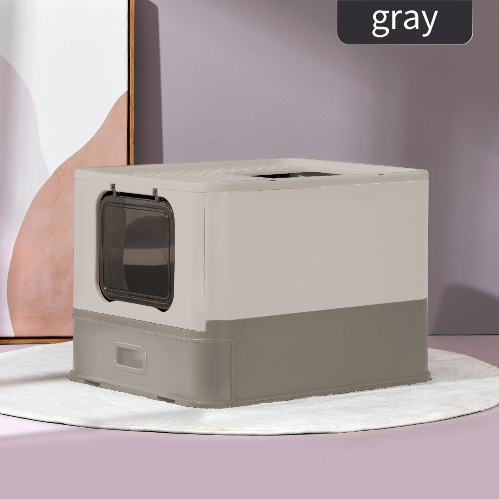 PAKEWAY Foldable Enclosed Cat Litter Box with Stainless Steel Tray 54.2x42.2x38cm