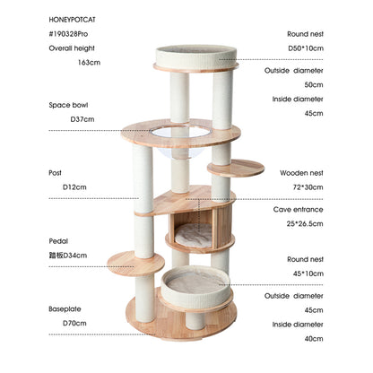 HONEYPOTCAT MZ Varnished Solid Wood Cat Tower With Capsule - 163cm