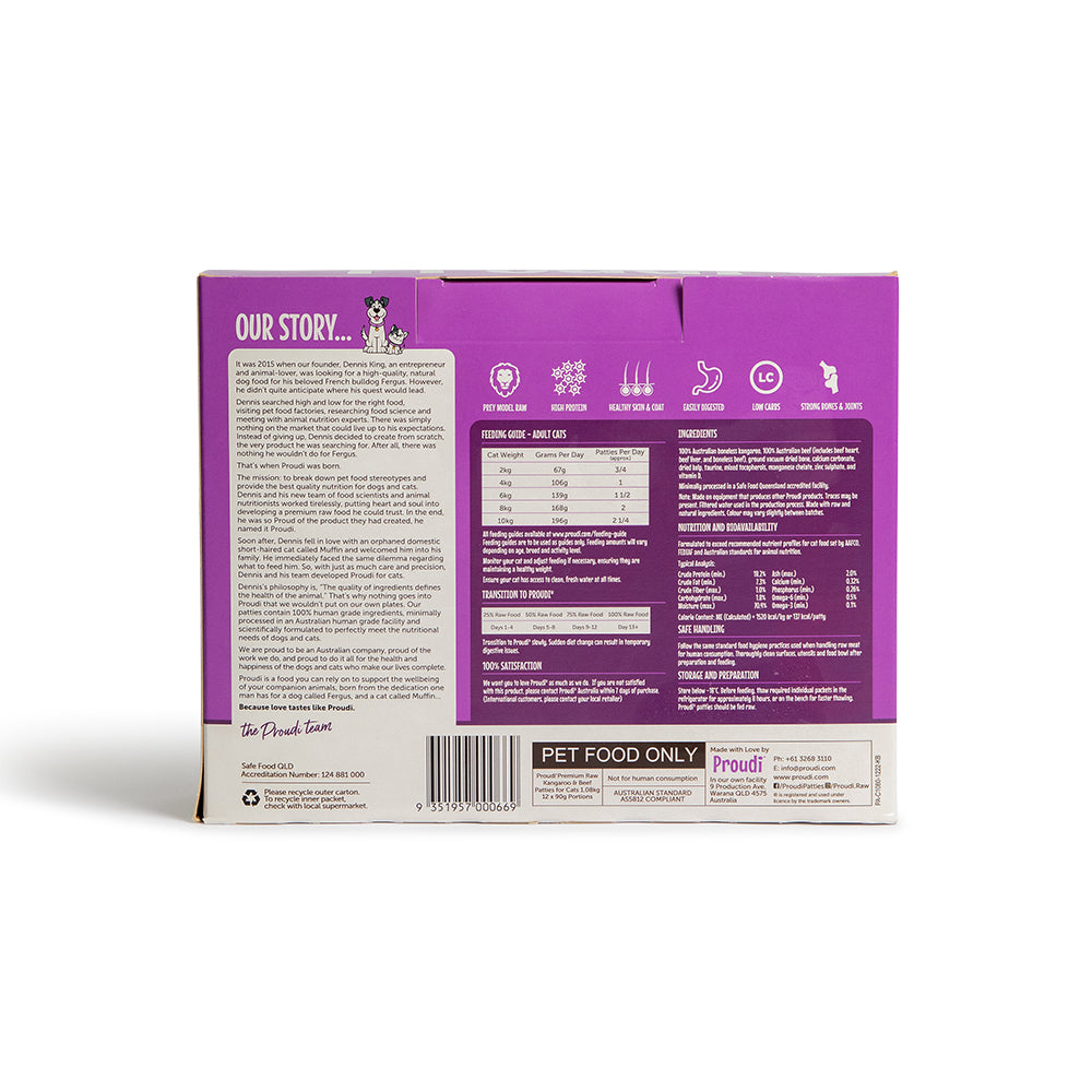 PROUDI Premium Frozen Kangaroo & Beef Raw Cat Food 1.08Kg