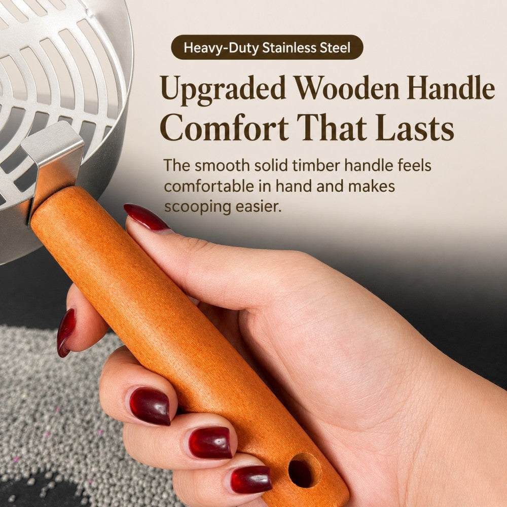 Stainless Steel Cat Litter Scoop – Wooden Handle Fine Slot Design