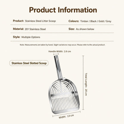 Stainless Steel Cat Litter Scoop – Wooden Handle Fine Slot Design