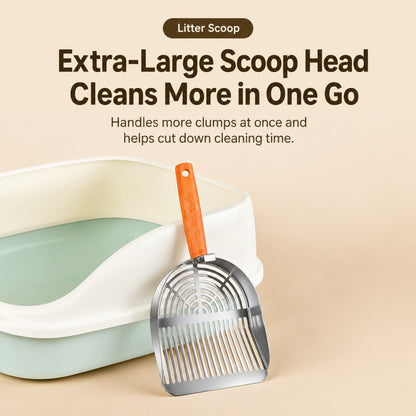 Stainless Steel Cat Litter Scoop – Wooden Handle Fine Slot Design