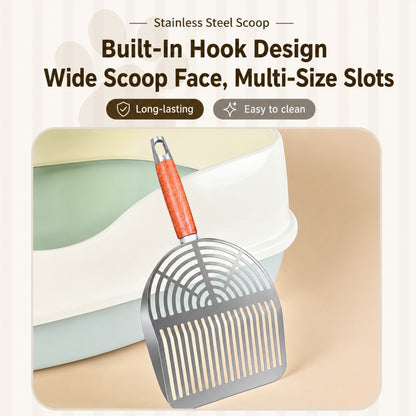 Stainless Steel Cat Litter Scoop – Wooden Handle Fine Slot Design