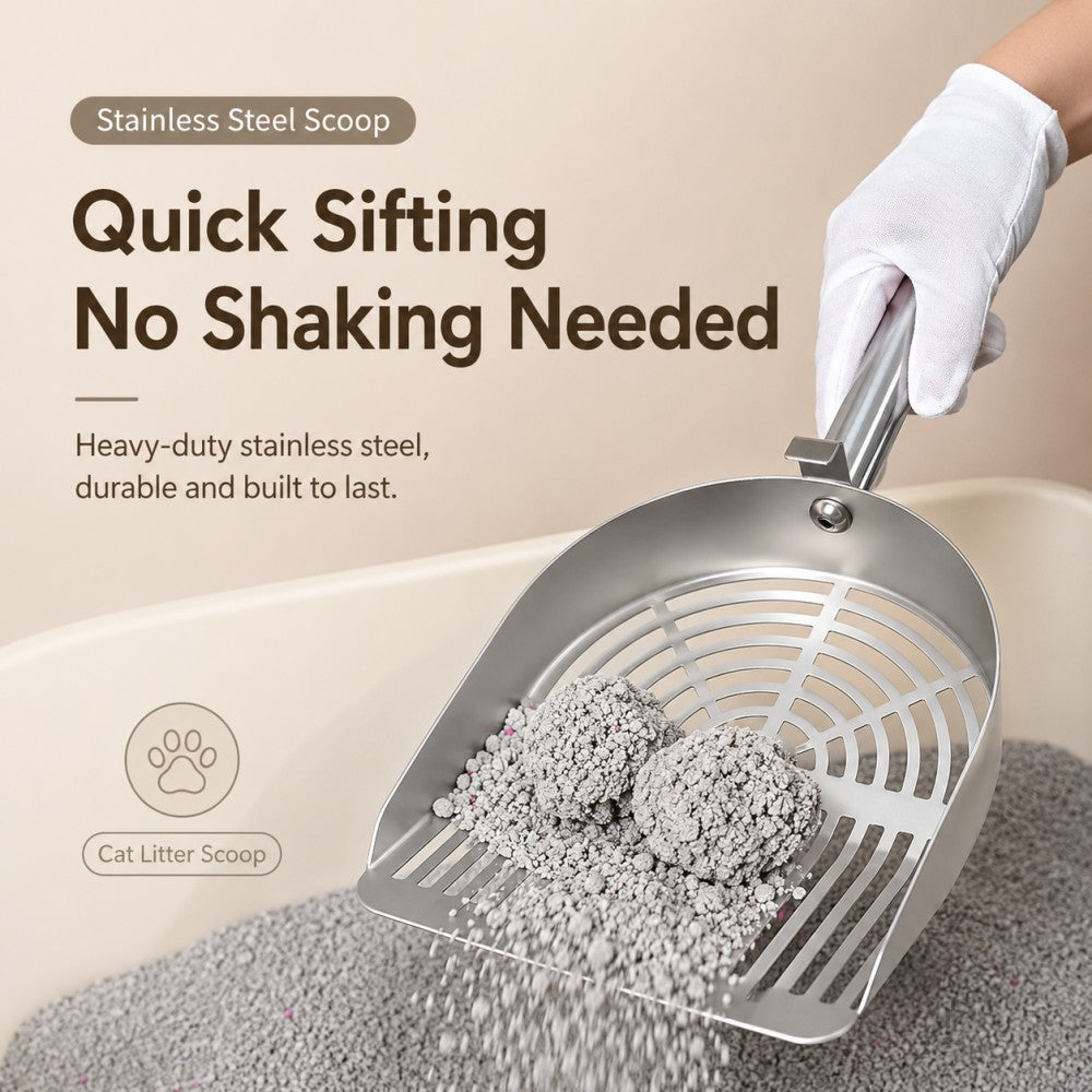 Stainless Steel Cat Litter Scoop – Wooden Handle Fine Slot Design