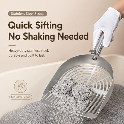 Stainless Steel Cat Litter Scoop – Wooden Handle Fine Slot Design
