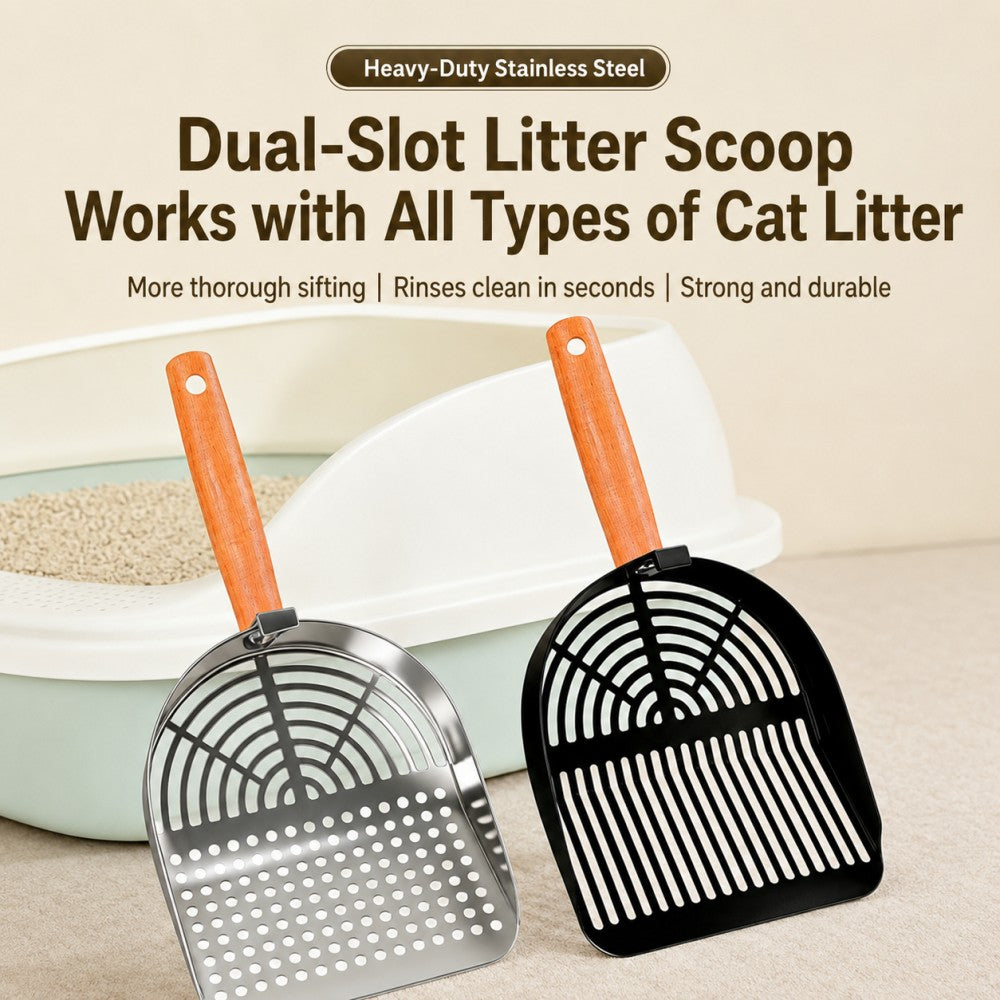 Stainless Steel Cat Litter Scoop – Wooden Handle Fine Slot Design