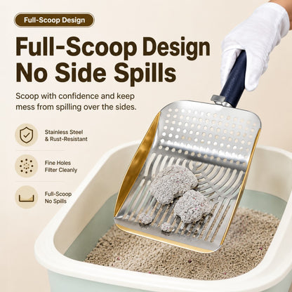 Stainless Steel Cat Litter Scoop – Wooden Handle Fine Slot Design