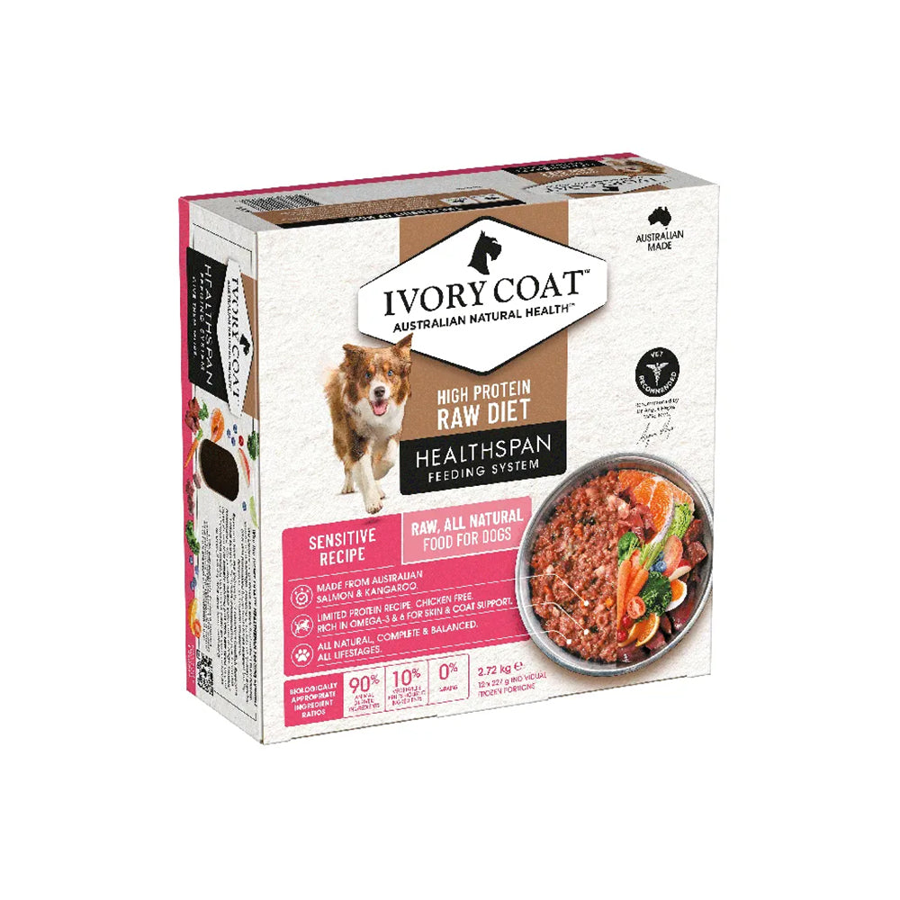 IVORY COAT Healthspan Sensitive Recipe Salmon & Kangaroo Frozen Dog Patties 12x227g