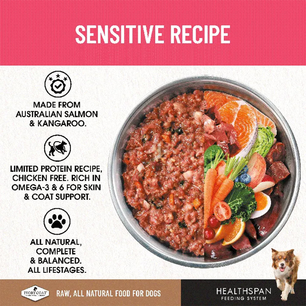 IVORY COAT Healthspan Sensitive Recipe Salmon & Kangaroo Frozen Dog Patties 12x227g