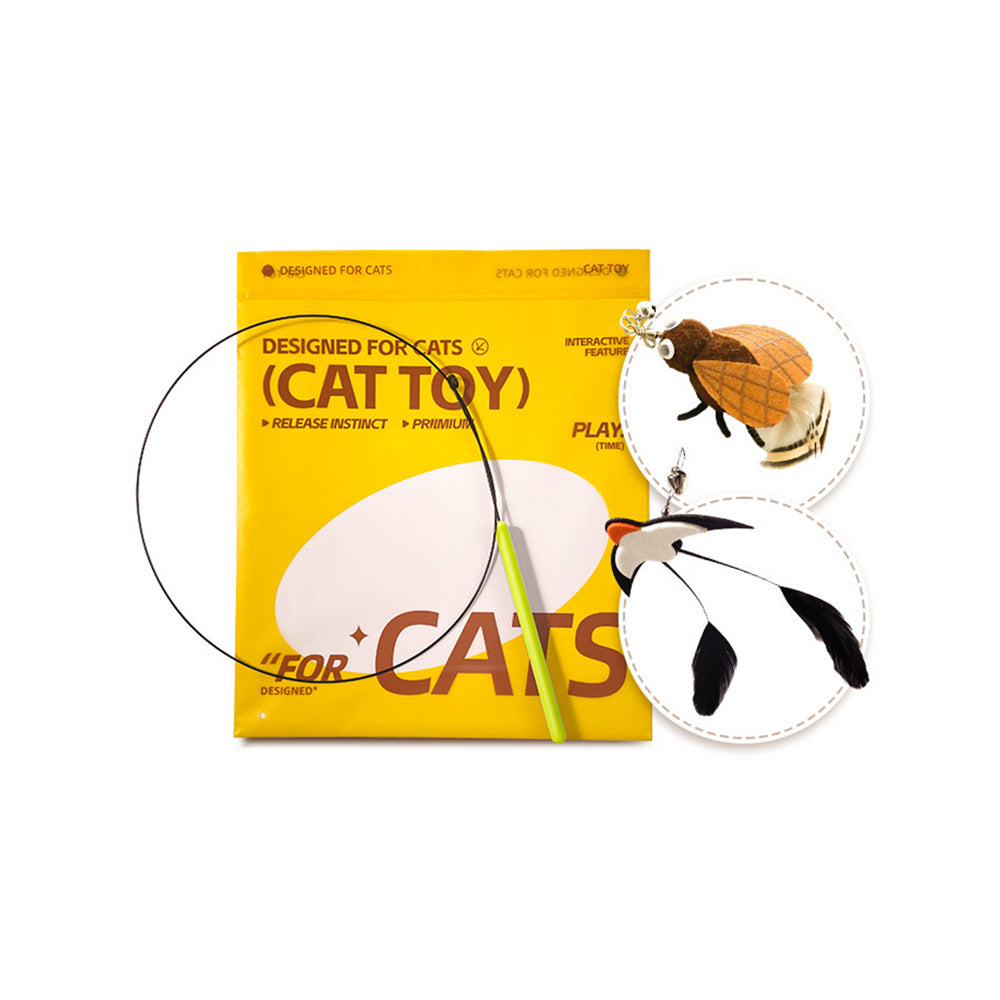 Cat Teaser Wand With Bell - Long Wire Rod & 2 Replacement Heads