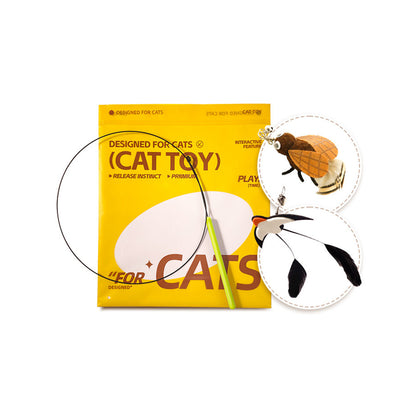 Cat Teaser Wand With Bell - Long Wire Rod & 2 Replacement Heads