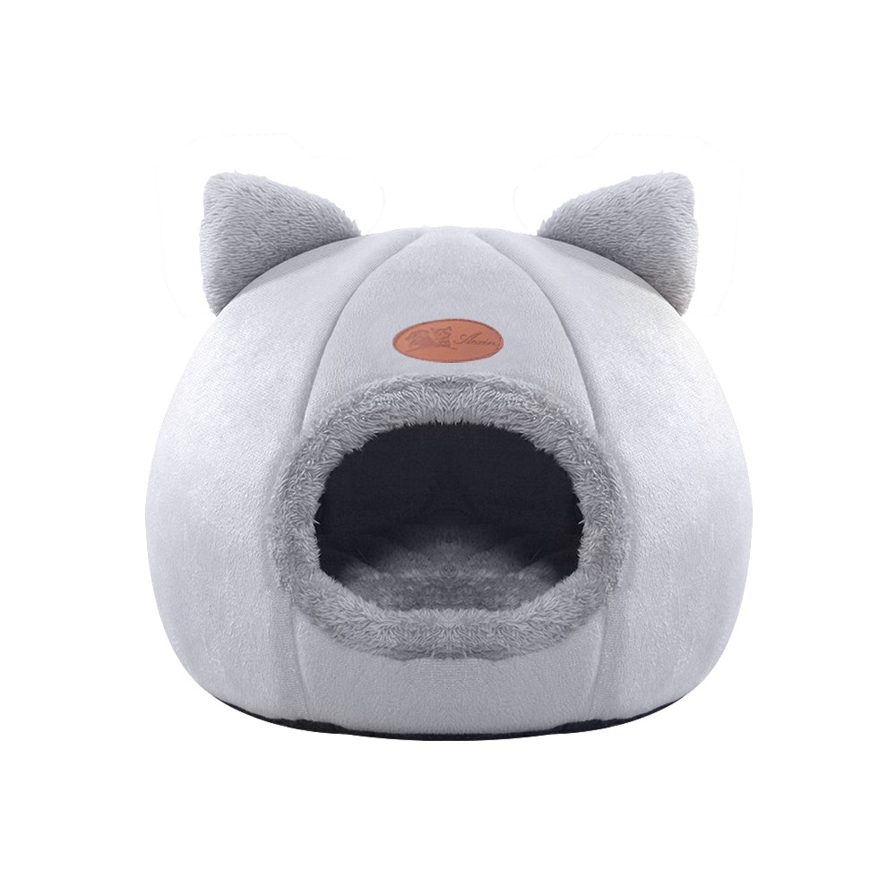 Enclosed Cat Bed House Cozy Warm Grey Large