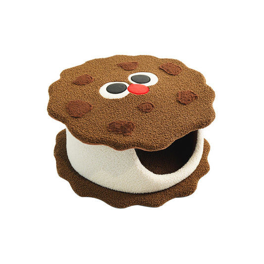 Enclosed Cat Bed Chocolate Cookie House Cozy Warm