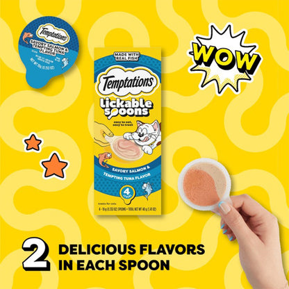 TEMPTATIONS Creamy Spoons Savory Salmon & Tempting Tuna Cat Treats 10g x 4