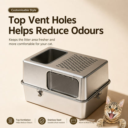 Extra Large Stainless Steel Cat Litter Box – Fully Enclosed Side Entry Design