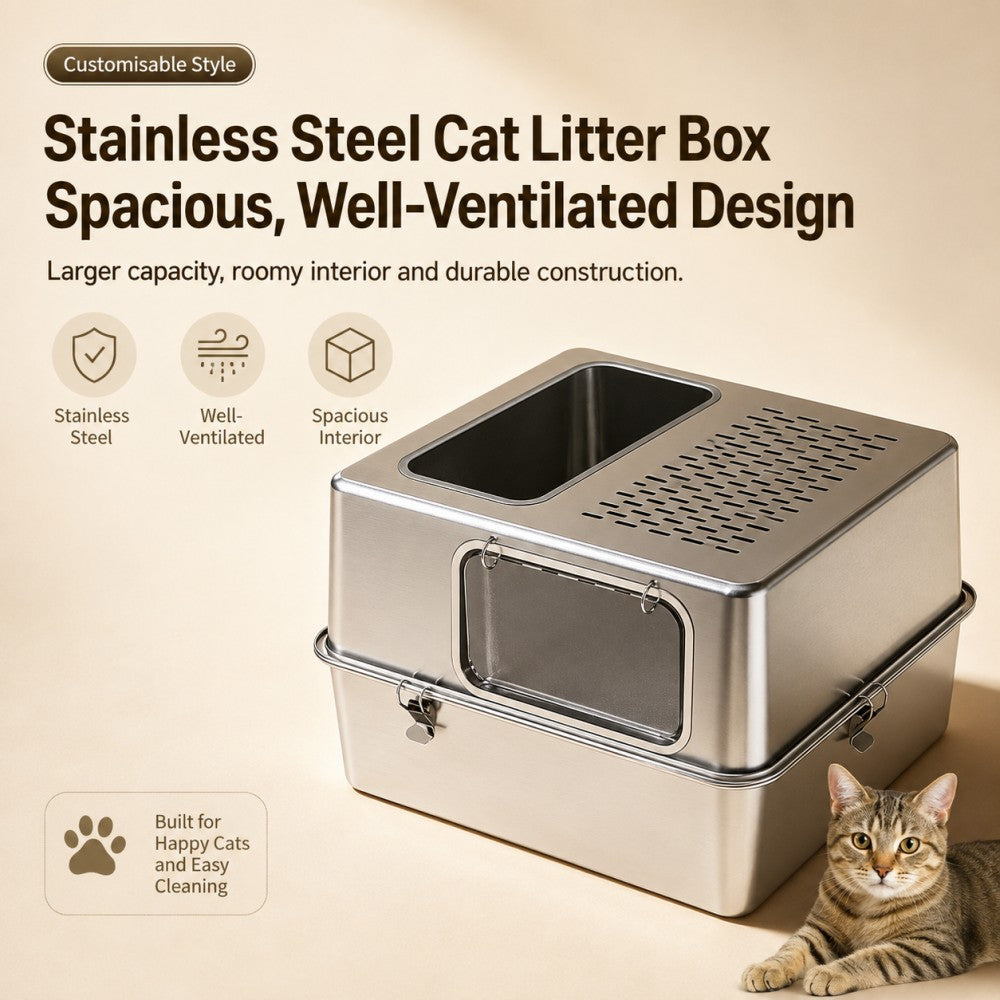 Extra Large Stainless Steel Cat Litter Box – Fully Enclosed Side Entry Design