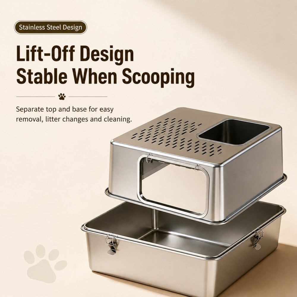 Extra Large Stainless Steel Cat Litter Box – Fully Enclosed Side Entry Design