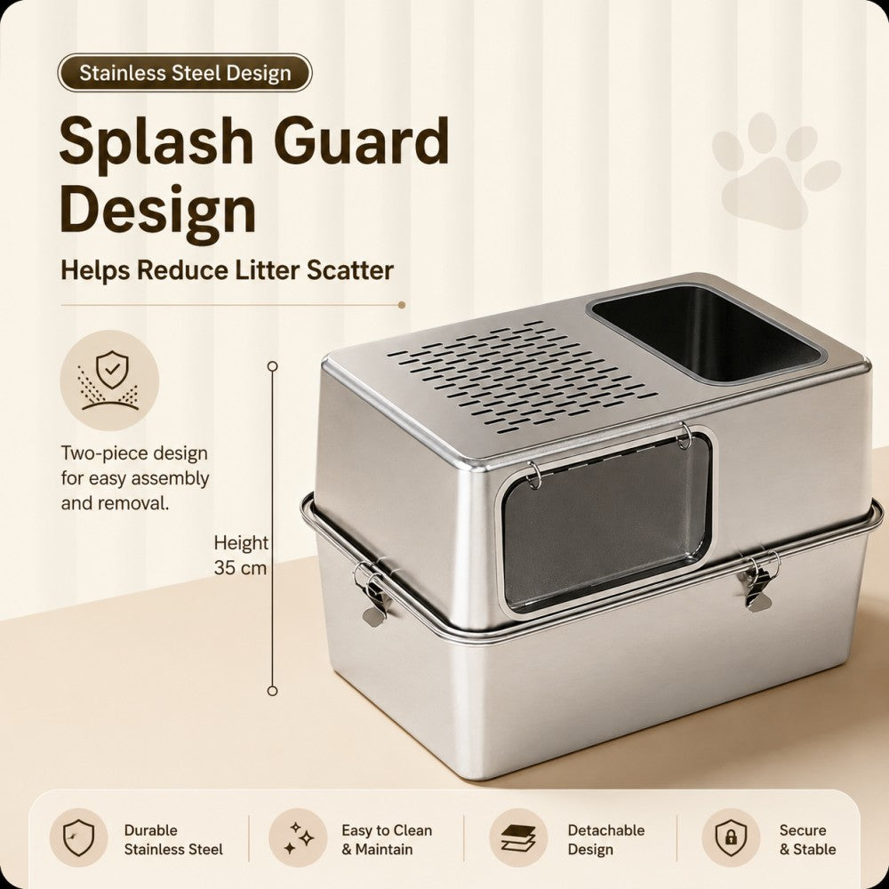 Extra Large Stainless Steel Cat Litter Box – Fully Enclosed Side Entry Design