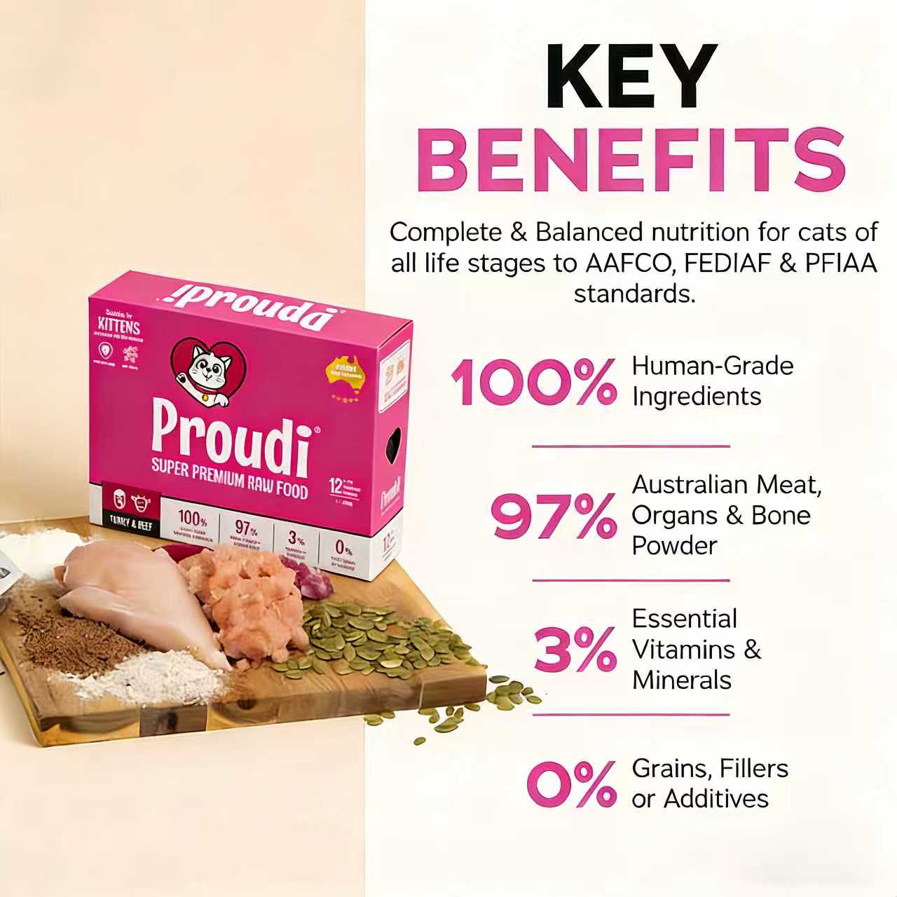 PROUDI Premium Frozen Turkey & Beef Raw Kitten Food 1.08kg