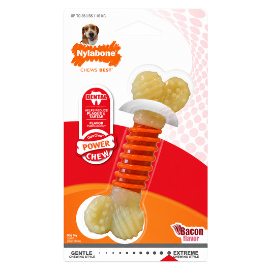 NYLABONE Power Chew Pro Action Dental Bone Bacon Wolf Dog Toy Medium