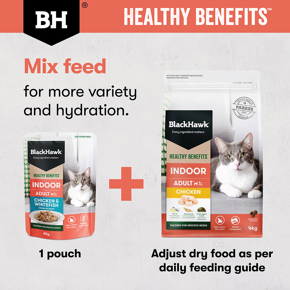 BLACK HAWK Healthy Benefits Chicken & Whitefish in Gravy Indoor Adult Wet Cat Food 85g x 12