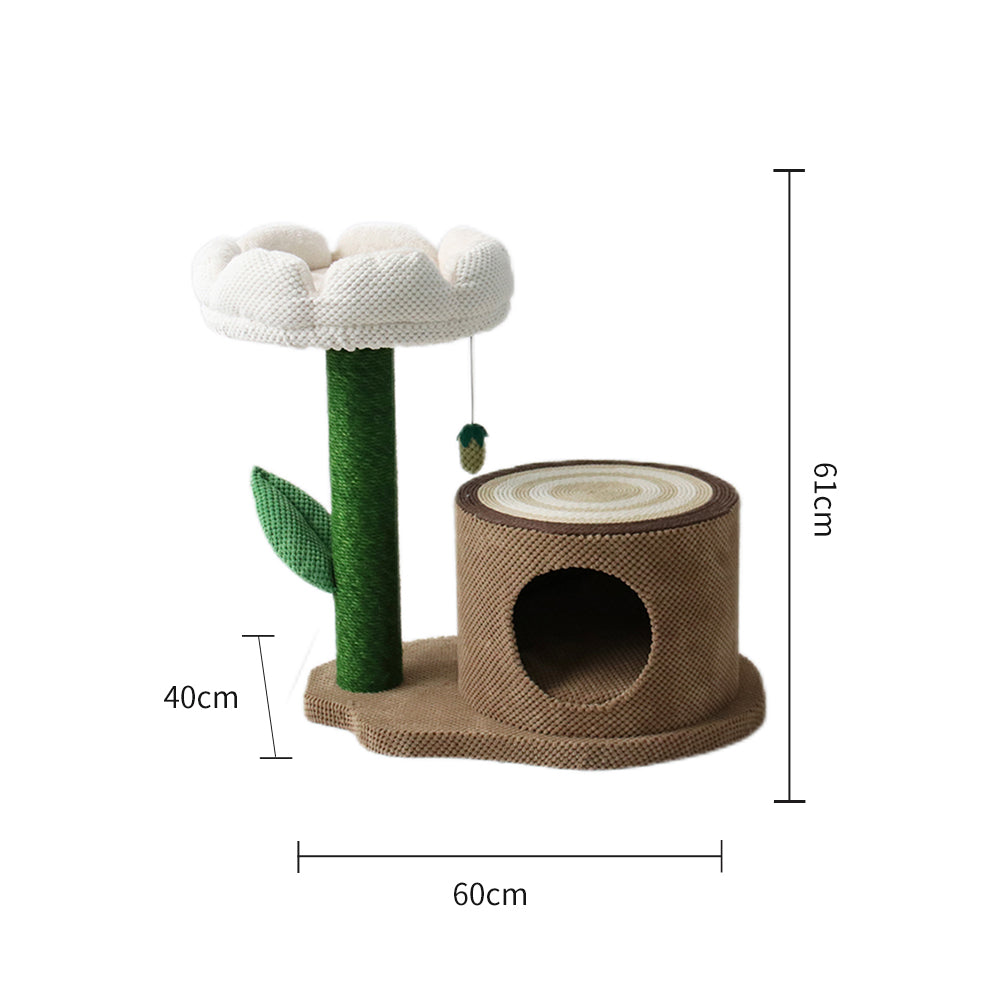 CATIO Log Cat House with White Camellia Cat Scratching Tree