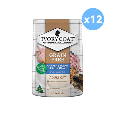 IVORY COAT Chicken & Fish Jelly Cat Food for Adult Cats 12x85g