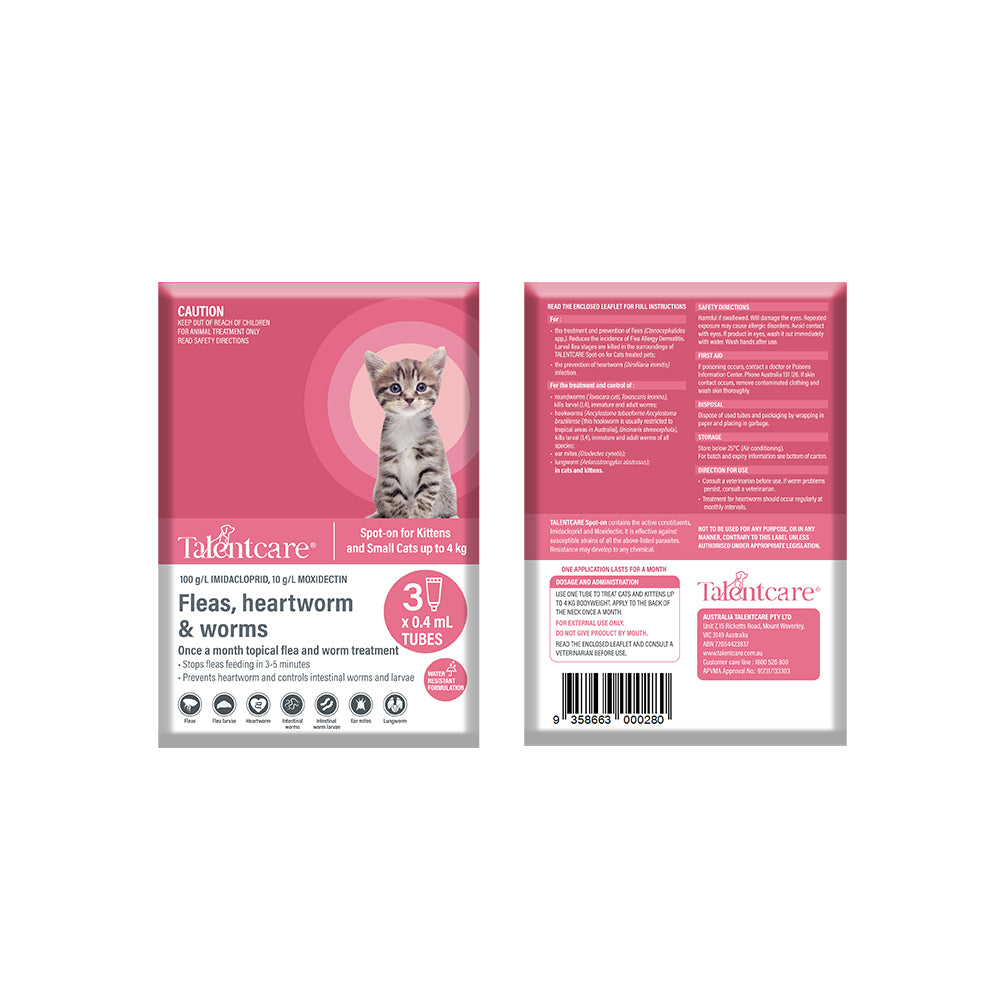 TALENTCARE Cat Flea, Heartworm and Worm Spot-on for Kittens (up to 4kg)