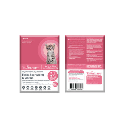 TALENTCARE Cat Flea, Heartworm and Worm Spot-on for Kittens (up to 4kg) 3tubesx0.4ml