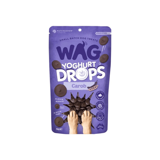 WAG Yoghurt Drops Carob Pouch Dog Treats 250g – Front white-background product packshot