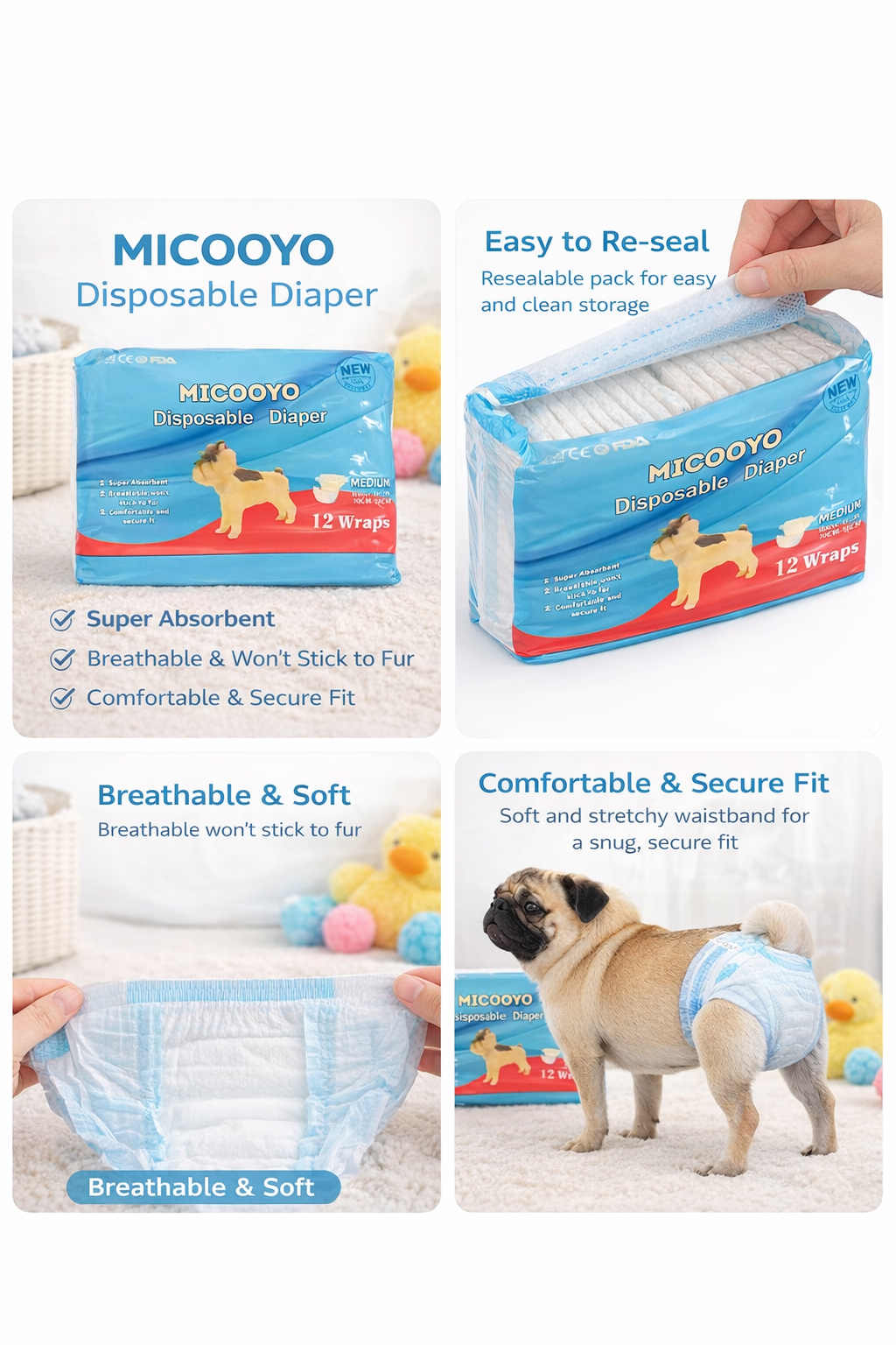 MICOOYO Disposable Dog Diapers – Medium Size, 12 Pack