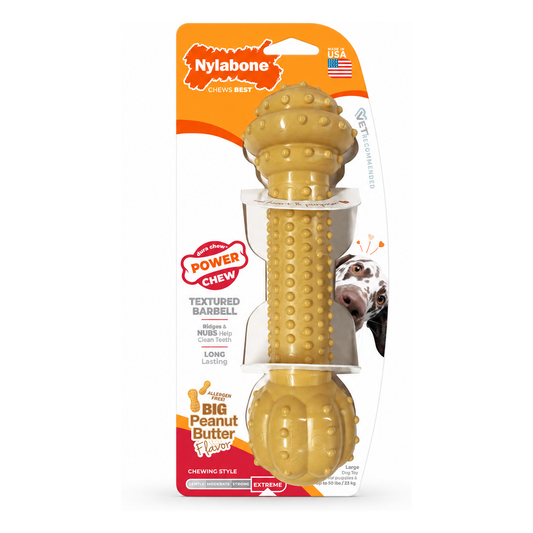 NYLABONE Power Chew Barbell Peanut Butter Dog Toy Large/Extra Large For Dogs Up To 23kg