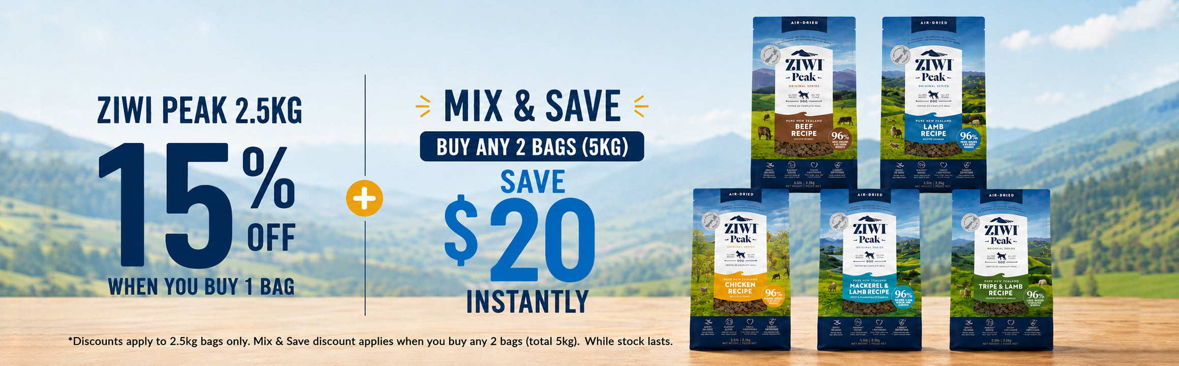ZIWI Peak 2.5kg Mix and Save. Buy any two bags and save A$20 automatically.