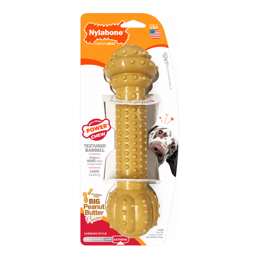 NYLABONE Power Chew Barbell Peanut Butter Dog Toy Medium/Large For Dogs Up To 16kg