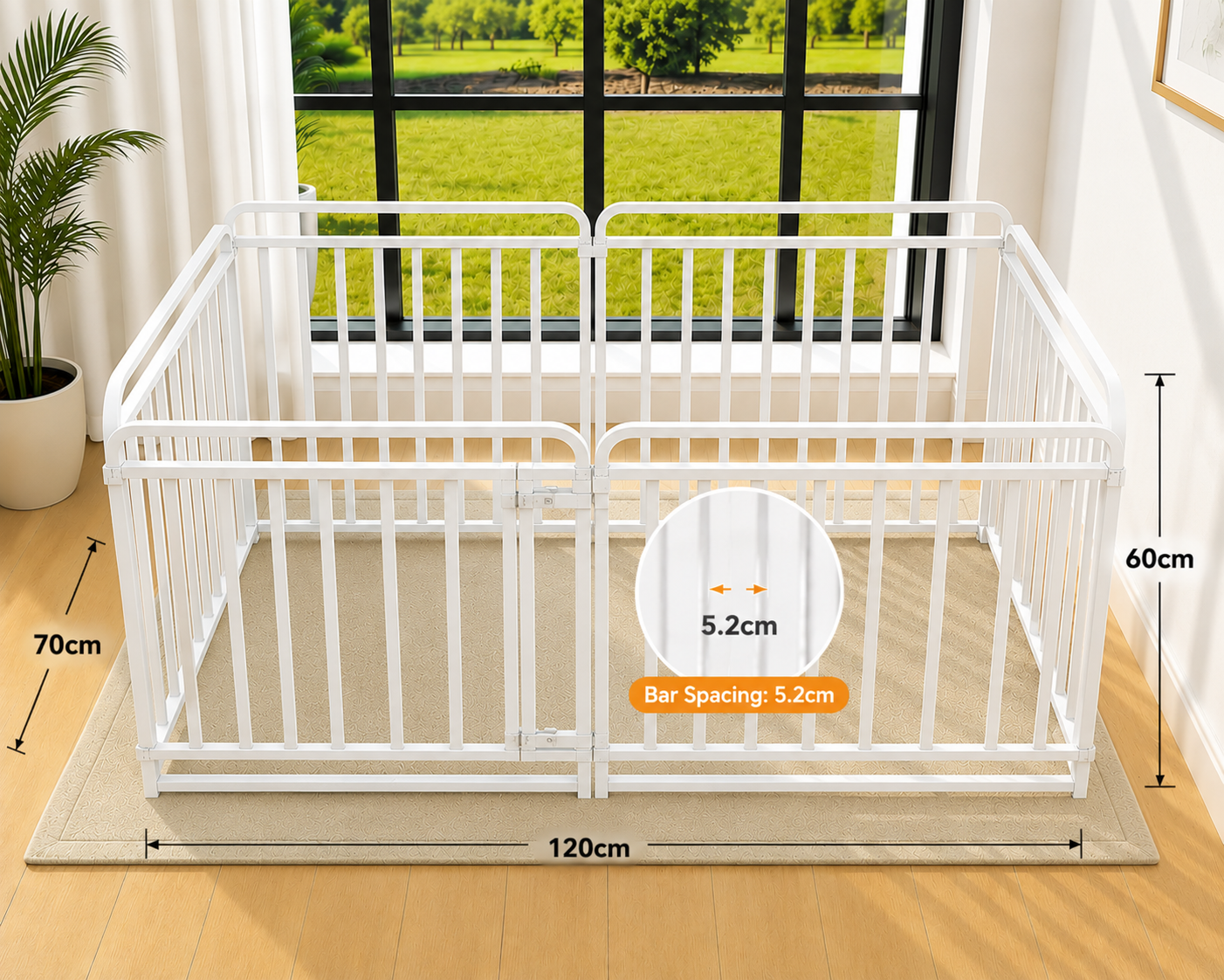 Petso 120cm coarse-bar dog playpen dimensions: 120 by 60 by 70cm with 5.2cm bar spacing