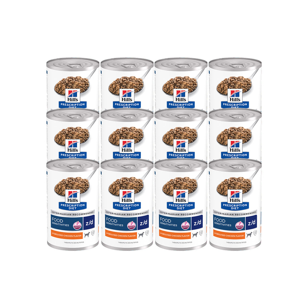 HILLS PRESCRIPTION DIET Z/D Food Sensitivities Hydrolyzed Chicken Flavour Wet Dog Food — 370g × 12 front packshot