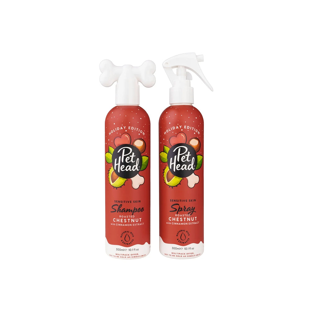 PET HEAD Roasted Chestnut Holiday Edition sensitive skin dog shampoo and spray set, 2 x 300ml, front view