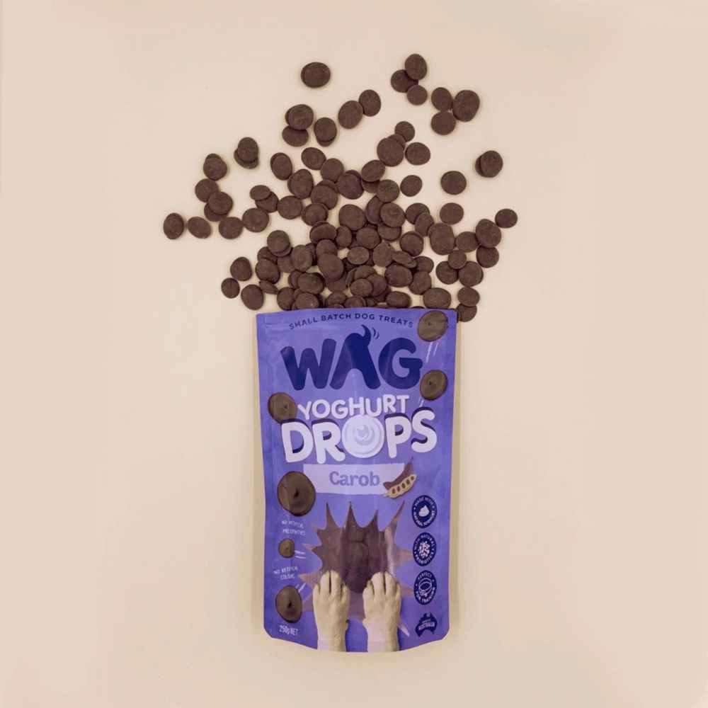 WAG Yoghurt Drops Carob Pouch Dog Treats 250g – Product packaging and information image