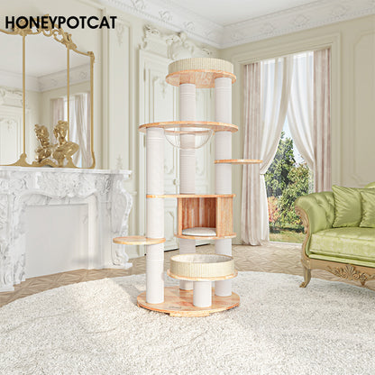 HONEYPOTCAT MZ Varnished Solid Wood Cat Tower With Capsule - 163cm